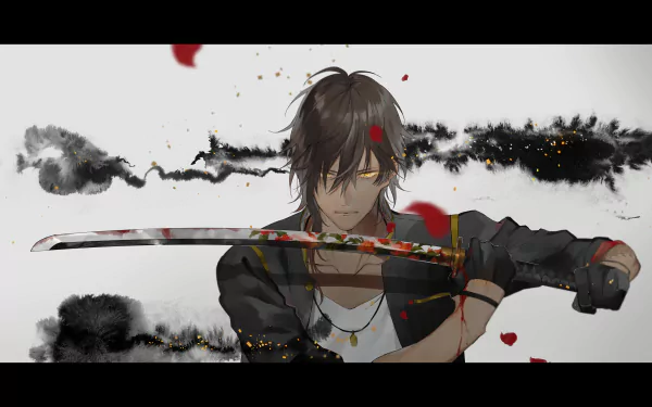 A striking HD wallpaper featuring an anime character from Touken Ranbu, wielding a sword amidst a dramatic backdrop of red petals and dark swirling patterns.
