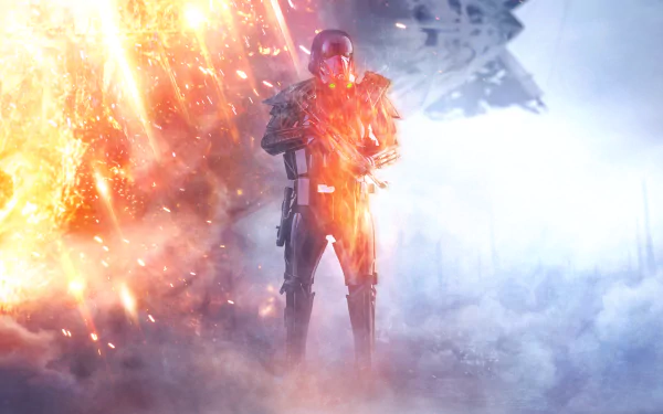 A stormtrooper stands amidst explosions in this HD wallpaper, capturing the intense action of the Battlefield video game set in the Star Wars universe.
