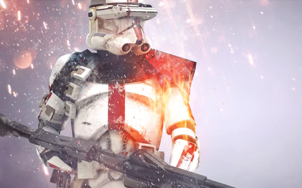 HD PC desktop wallpaper featuring a Star Wars stormtrooper from the Battlefield video game, surrounded by sparks and light effects in an action-packed scene.