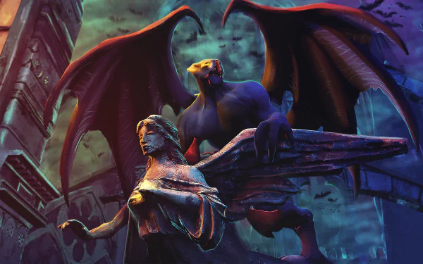 HD PC wallpaper: Night Stalker (DotA 2) — a bat-winged creature perched on a crumbling angel statue under a stormy night sky.