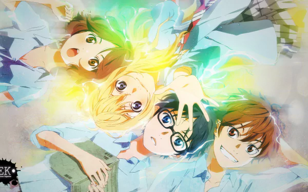 A vibrant HD desktop wallpaper featuring characters from the anime Your Lie in April, showcasing a dynamic arrangement with bright colors and playful expressions.