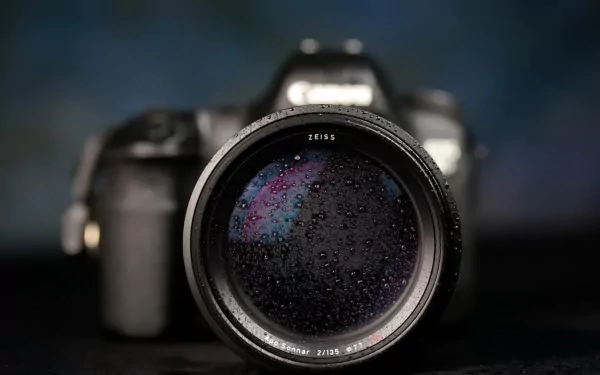 HD desktop wallpaper of a macro shot of a camera lens with water droplets on it, against a blurred background.