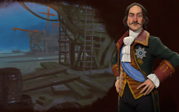 Civilization VI video game leader portrait of Peter the Great of Russia, posed with hands on hips before a shipyard — HD PC desktop wallpaper.