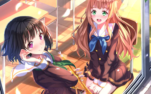 HD PC desktop wallpaper featuring two characters from the anime Sound! Euphonium in school uniforms, sitting by a window with warm sunlight streaming in.