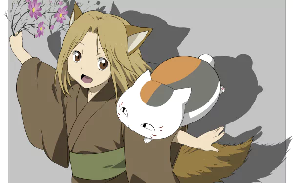 Natsume Yuujinchou anime 4K Ultra HD wallpaper featuring a character with fox ears and tail holding flowers, accompanied by a cat from Natsume's Book of Friends.