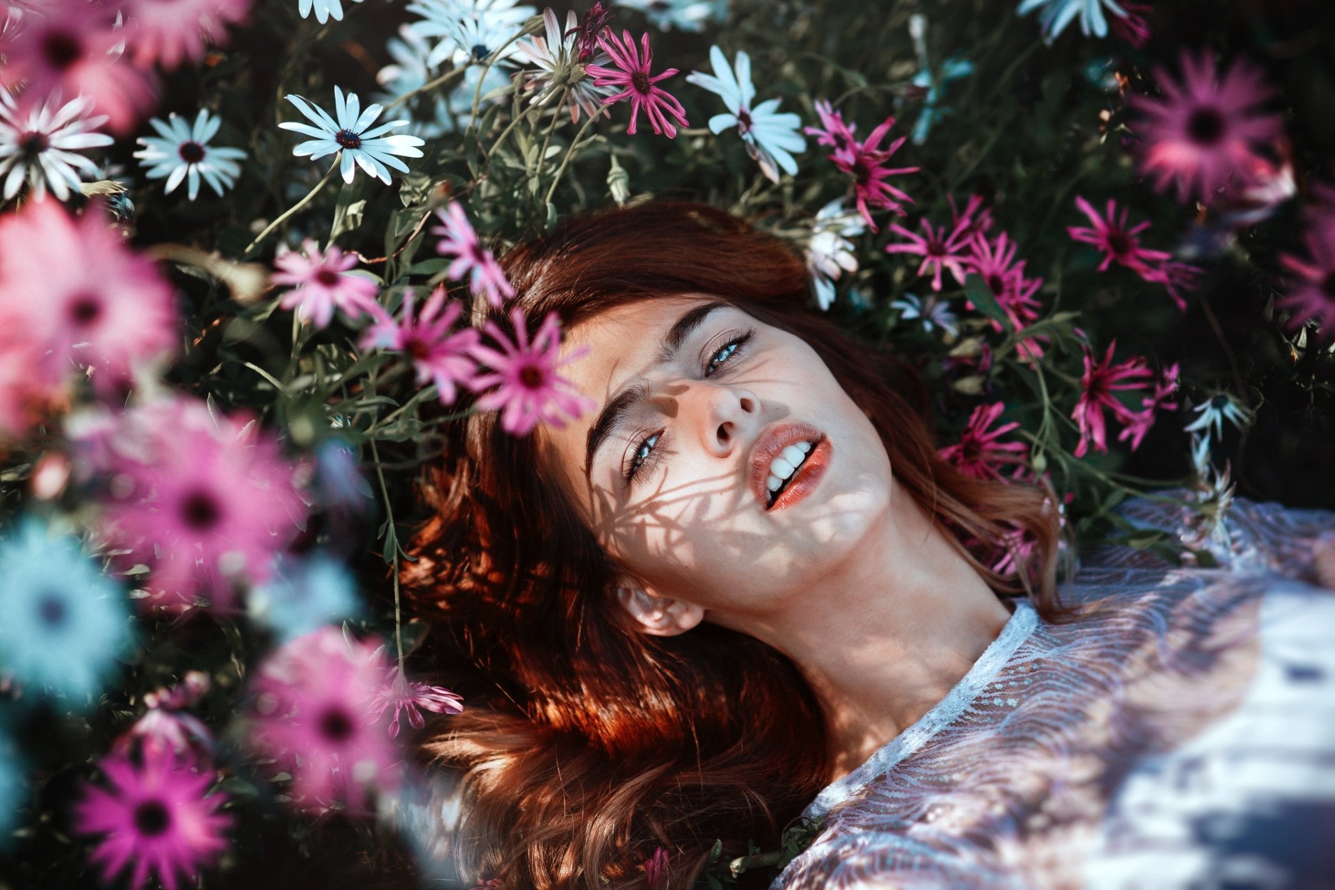 Download Lying Down Flower Redhead Model Woman Mood HD Wallpaper