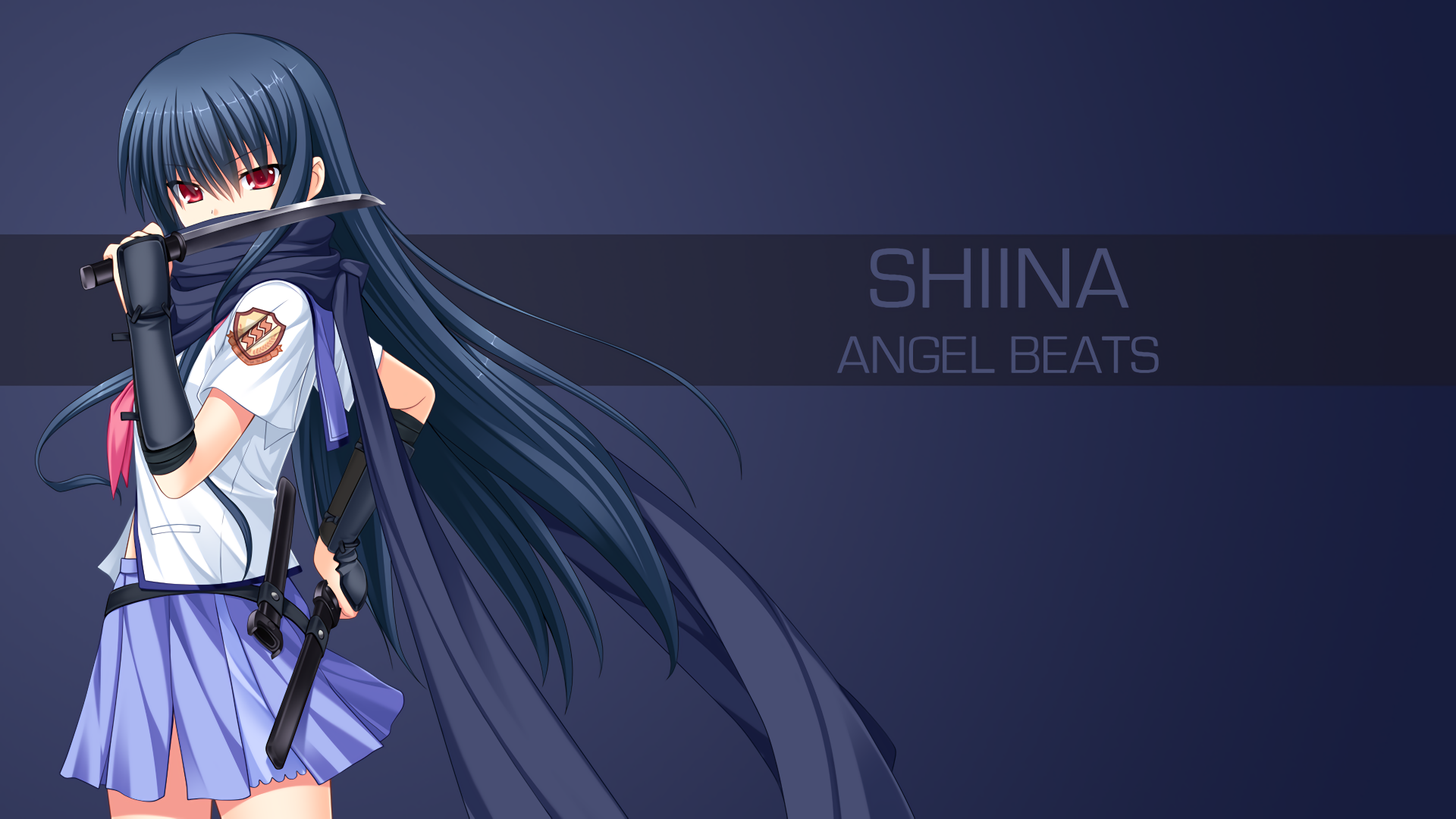 Anime-style 4K Ultra HD desktop wallpaper featuring Shiina from Angel Beats! with long dark hair, red eyes, and a flute, set against a dark blue background.