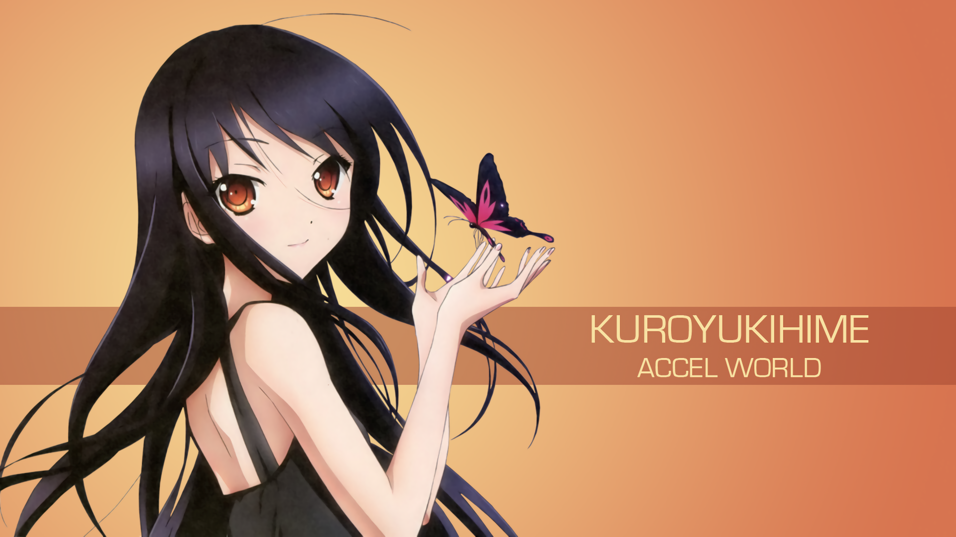 Kuroyukihime from Accel World holds a butterfly, set against a vibrant orange background. This 4K Ultra HD wallpaper captures her captivating character beautifully.