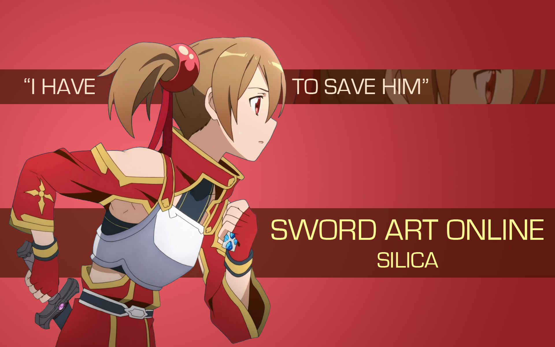 HD desktop wallpaper of Silica from Sword Art Online by Keiko Ayano, featuring her in a dynamic running pose with the quote I have to save him on a red background.