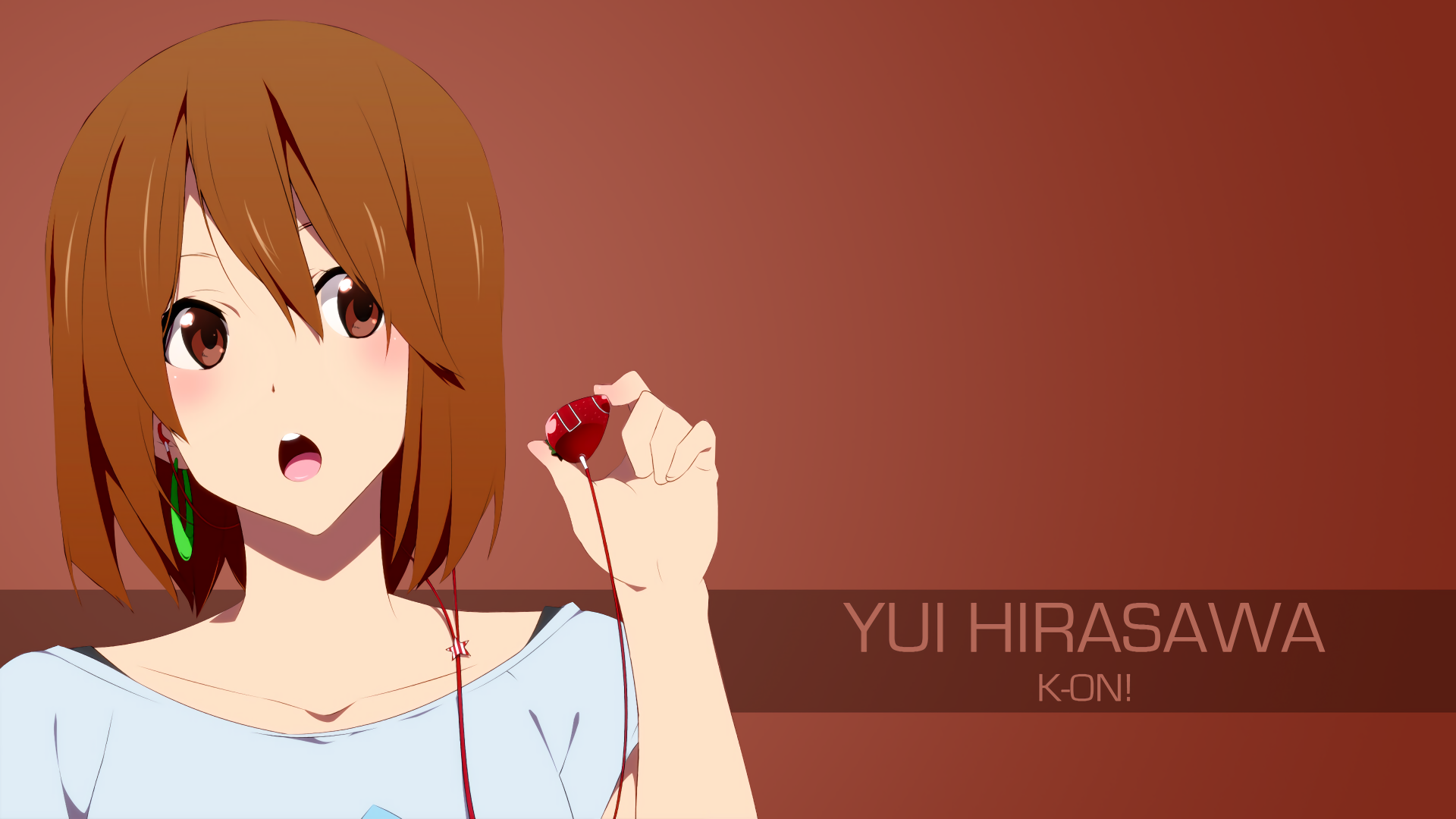Anime-style 4K Ultra HD desktop wallpaper featuring Yui Hirasawa from K-ON! with a warm brown background and her name displayed on the right.