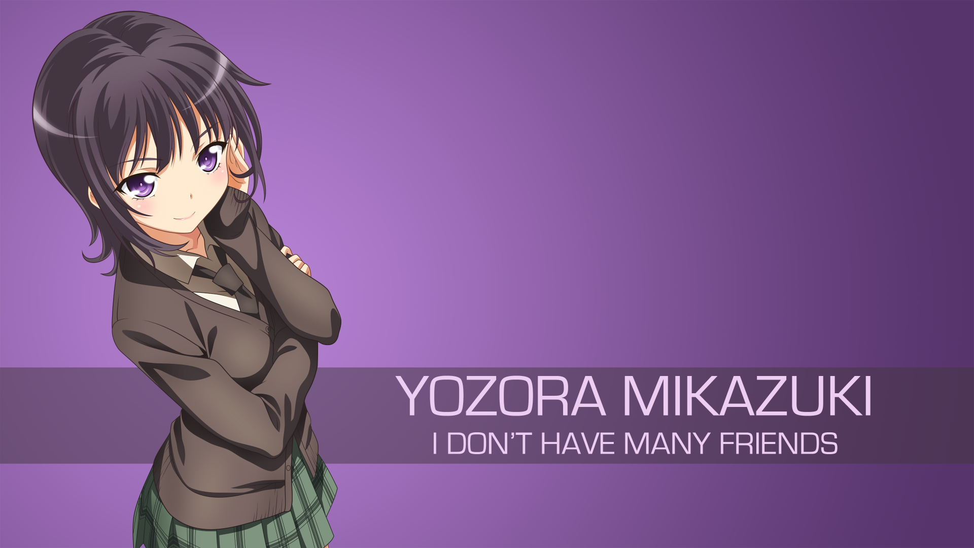 4K Ultra HD PC wallpaper featuring Yozora Mikazuki from Boku Wa Tomodachi Ga Sukunai with a purple background and the text I don't have many friends.