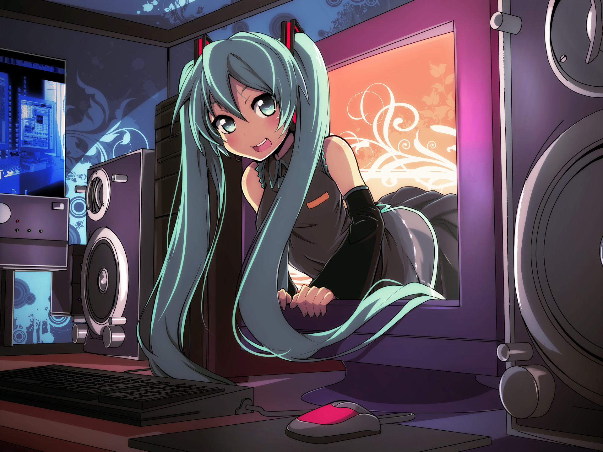 HD anime wallpaper featuring Hatsune Miku from Vocaloid, with vibrant colors and detailed PC desktop background elements.