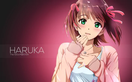 Haruka Amami from The iDOLM@STER anime wallpaper: brown-haired idol with green eyes, pink ribbons and cardigan, hand near mouth against a soft pink gradient background.