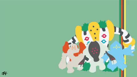 Minimalist 4K Ultra HD anime-style wallpaper featuring the Pokémon Regigigas, Registeel, Regirock, and Regice in a simple, colorful design.