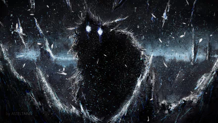 HD wallpaper featuring Pack from Re:ZERO - Starting Life in Another World, capturing a dark, atmospheric scene with striking blue eyes amidst a fragmented backdrop.