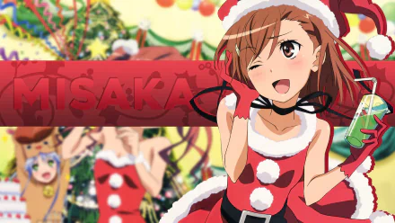 HD PC desktop wallpaper featuring Misaka Mikoto from the anime A Certain Scientific Railgun in a festive Christmas outfit, surrounded by holiday decorations.