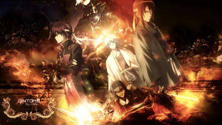 A dramatic Gintama HD desktop wallpaper featuring dynamic characters against a fiery background, capturing the essence of the anime's adventurous spirit.