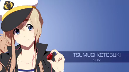Anime-style 4K Ultra HD desktop wallpaper featuring Tsumugi Kotobuki from K-ON! against a blue background, with her name and series title displayed.