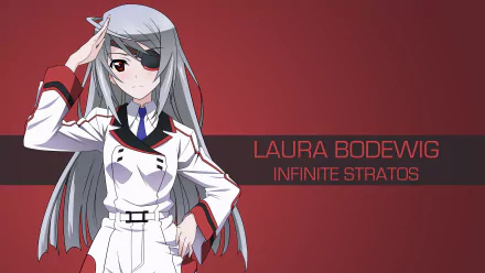 A high-definition desktop wallpaper featuring Laura Bodewig from Infinite Stratos, showcasing her confident pose and distinctive style against a sleek red background.