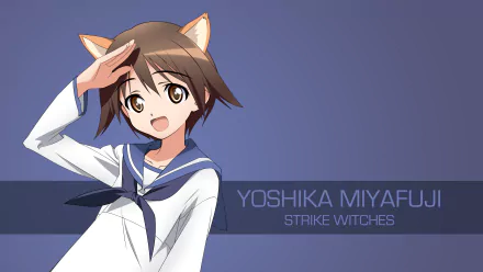 A vibrant 4K Ultra HD wallpaper featuring Yoshika Miyafuji from the anime Strike Witches, showcasing her playful salute and charming expression against a soft background.