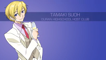 Anime-style 4K Ultra HD wallpaper featuring Tamaki Suoh from Ouran High School Host Club against a sleek purple background.