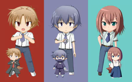 HD anime desktop wallpaper featuring chibi characters from Baka and Test, each standing confidently against vibrant red, blue, and teal backgrounds.