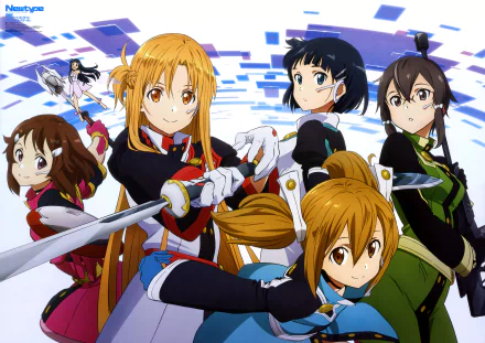 A vibrant 8K Ultra HD wallpaper featuring characters from Sword Art Online: Ordinal Scale, including Asuna, Sinon, and Silica, set against a dynamic digital background.