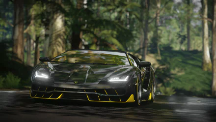 A striking Lamborghini Centenario, showcased in a lush forest setting, captures the thrill of Forza Horizon 3 in this HD desktop wallpaper.