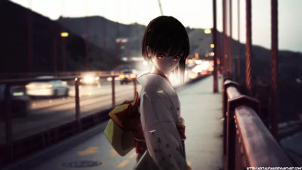 A captivating anime-inspired HD desktop wallpaper featuring a mysterious figure in traditional clothing standing on a bridge, illuminated by city lights and a scenic background.