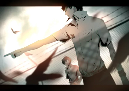 A striking HD wallpaper featuring characters from Zankyou No Terror, showcasing a dramatic scene with one character pointing forward against a backdrop of shadows and birds.