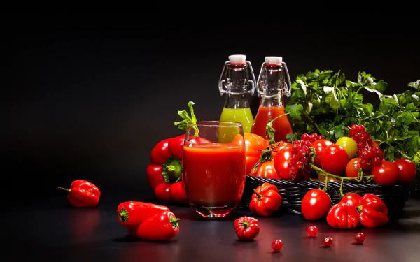 Vibrant still life of tomatoes, peppers, fresh herbs, and two bottles of juice, captured in stunning 4K Ultra HD as a desktop wallpaper and background.