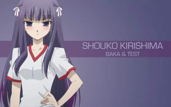 4K Ultra HD anime wallpaper featuring Shouko Kirishima from Baka and Test, with a purple background and her name displayed prominently.