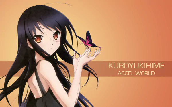 Kuroyukihime from Accel World holds a butterfly, set against a vibrant orange background. This 4K Ultra HD wallpaper captures her captivating character beautifully.