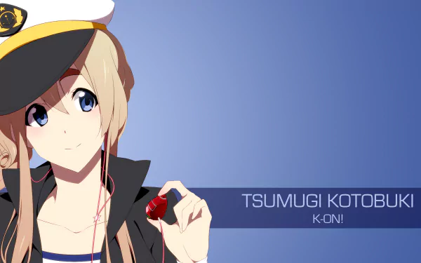Anime-style 4K Ultra HD desktop wallpaper featuring Tsumugi Kotobuki from K-ON! against a blue background, with her name and series title displayed.