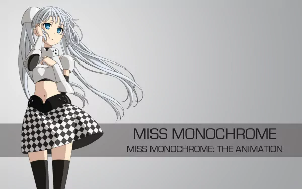 Miss Monochrome anime character with silver hair and checkered skirt on a gray gradient — 4K Ultra HD PC desktop wallpaper and background titled Miss Monochrome: The Animation
