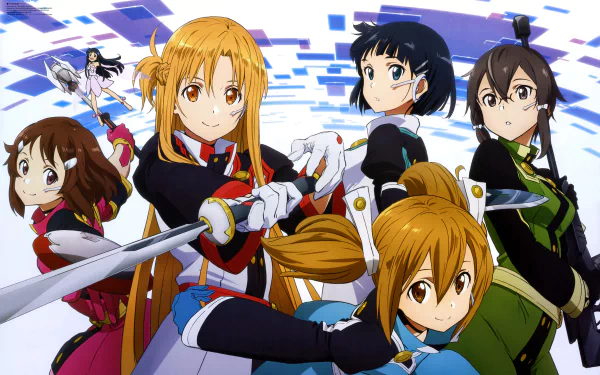 A vibrant 8K Ultra HD wallpaper featuring characters from Sword Art Online: Ordinal Scale, including Asuna, Sinon, and Silica, set against a dynamic digital background.