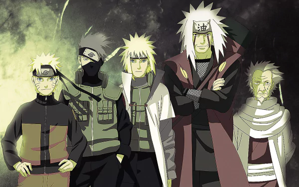 A striking HD wallpaper featuring iconic characters from Naruto: Hiruzen Sarutobi, Jiraiya, Minato Namikaze, Kakashi Hatake, and Naruto Uzumaki in a dynamic group pose.