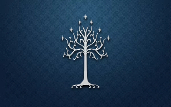 A stylized White Tree of Gondor logo from The Lord of the Rings on a dark blue background, designed as a high-definition wallpaper for PC desktops.
