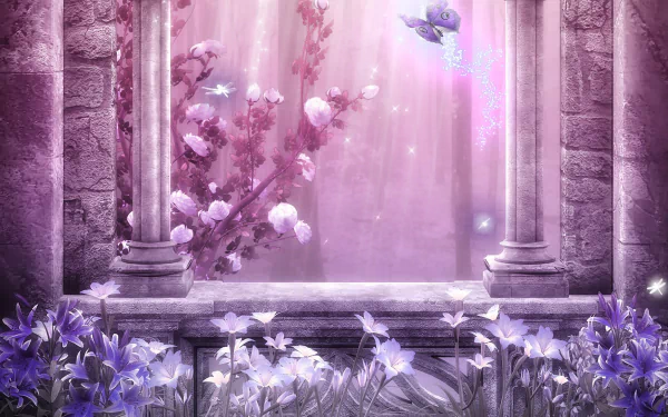 A dreamy HD desktop wallpaper featuring a pink butterfly amidst blossoming flowers and elegant columns, creating an artistic and serene atmosphere.