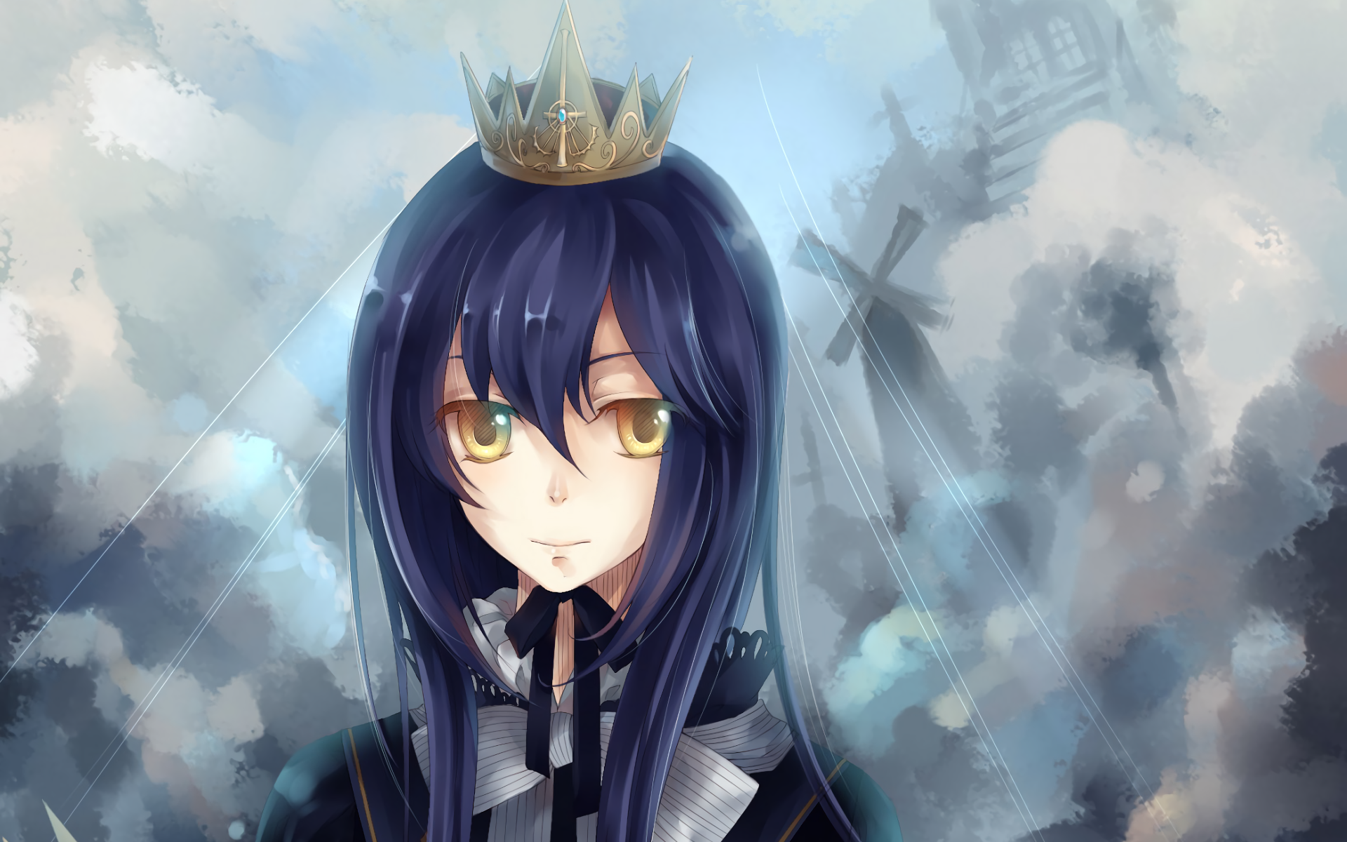 Anime-style HD PC desktop wallpaper featuring a serene character with long dark hair, amber eyes, and a crown, set against a cloudy sky with faint windmills in the background.