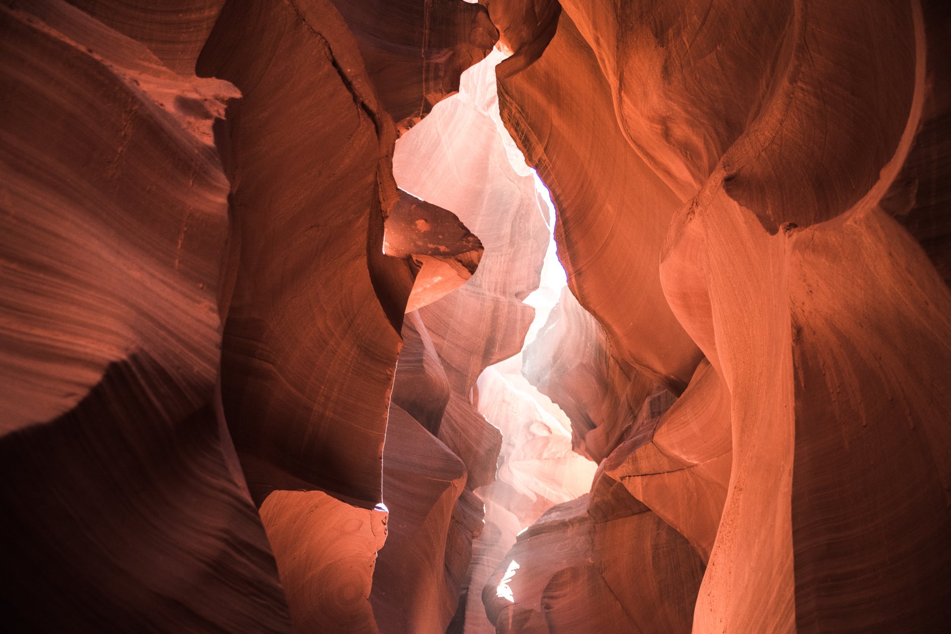Sunbeam illuminates the swirling red sandstone walls of Antelope Canyon in Arizona, showcasing stunning natural formations in this 4K Ultra HD desktop wallpaper.