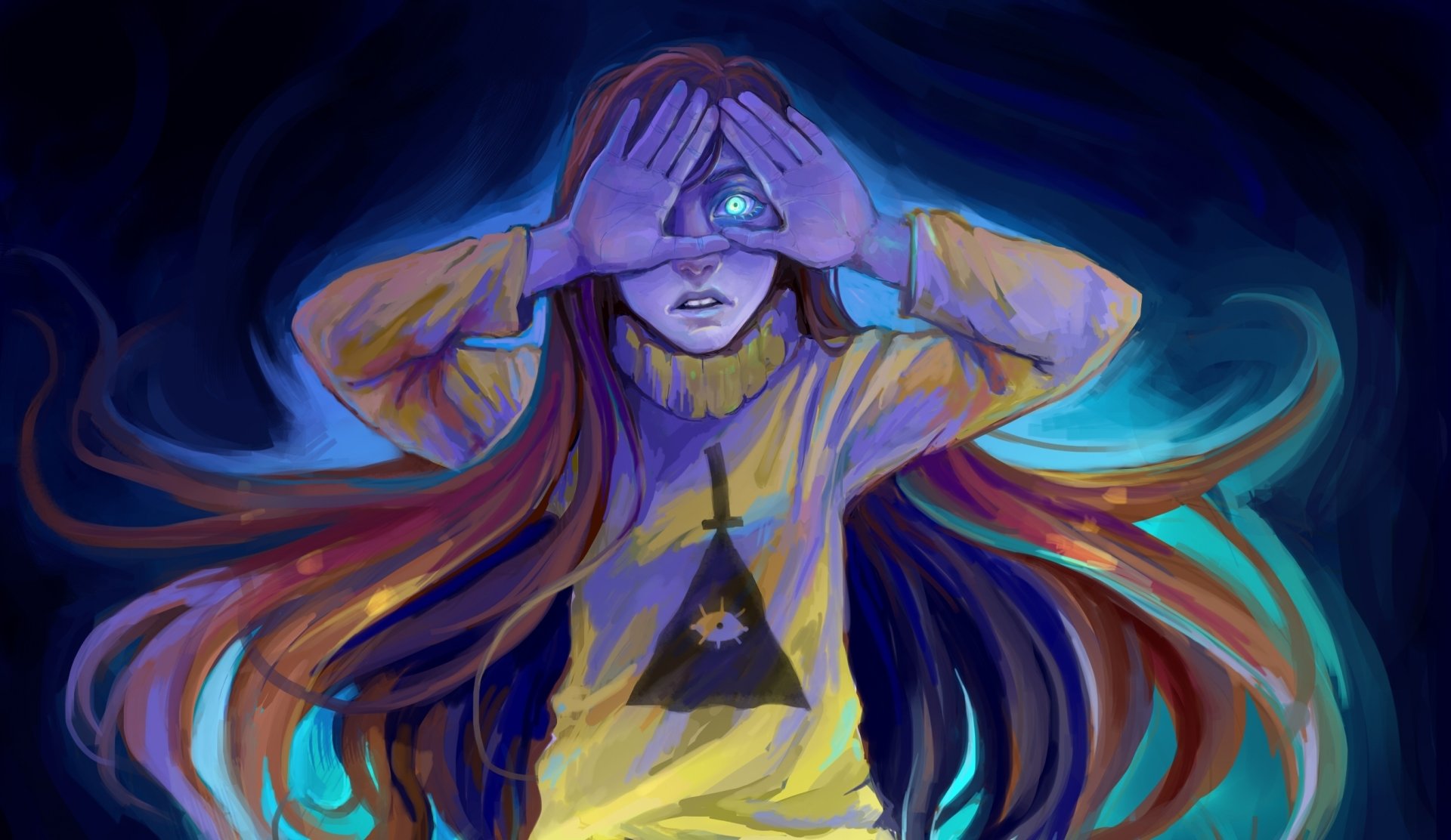 2K Quad HD PC desktop wallpaper: fantasy long-haired woman framing an Illuminati triangle with her hands, a glowing all-seeing eye at her brow and swirling blue energy behind her.