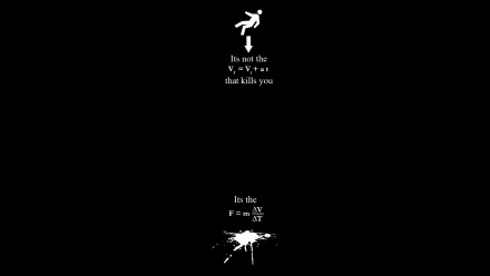 HD PC desktop wallpaper combining mathematics and dark humor, featuring a falling figure with equations and a splatter graphic illustrating force as change in momentum over time.
