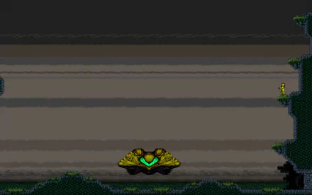 Super Metroid HD PC desktop wallpaper: Metroid-era pixel-art gunship hovering over mossy cavern ledges and layered rock walls.