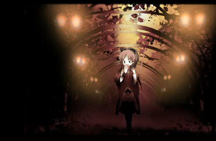 HD PC desktop wallpaper featuring Kyōko Sakura from the anime Puella Magi Madoka Magica standing in a dimly lit, eerie tunnel with glowing lights overhead.