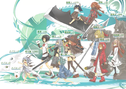 HD anime original artwork featuring a diverse group of characters in dynamic poses, designed as a vibrant PC desktop wallpaper and background.