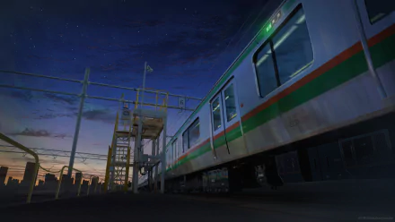 A vibrant anime-themed HD desktop wallpaper, featuring a train at dusk, illuminated by soft green lights, set against a starry evening sky.