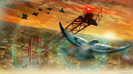 A vibrant anime-inspired HD desktop wallpaper depicting a soaring bird against a dramatic sunset, with a crane and silhouettes of flying birds in the background, creating a captivating scene.