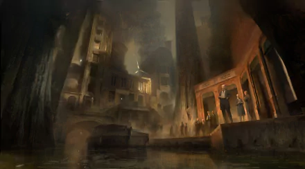 Dark, atmospheric 8K Ultra HD desktop wallpaper from the video game Dishonored 2, depicting a shadowy, fog-filled cityscape with moody lighting and mysterious figures.