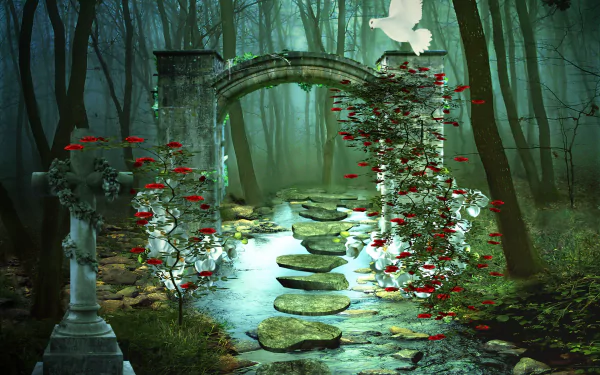 A magical forest scene in 4K Ultra HD features stone columns and an arch entwined with red roses, a white dove soaring above a glowing, stepping stone path.